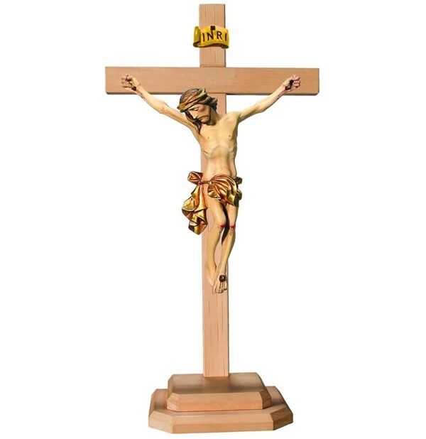 Crocifisso croce chiara con base - drappo dorato